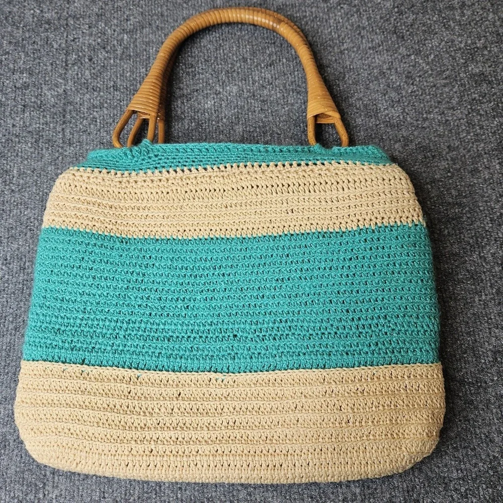 Handmade Crochet Purse Floral Rattan Handles Boho Cottagecore Grandmacore
